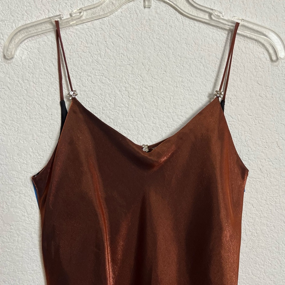 Tessuti Collection  Copper Maxi Formal Evening Gown Fully Lined Side Slits 6